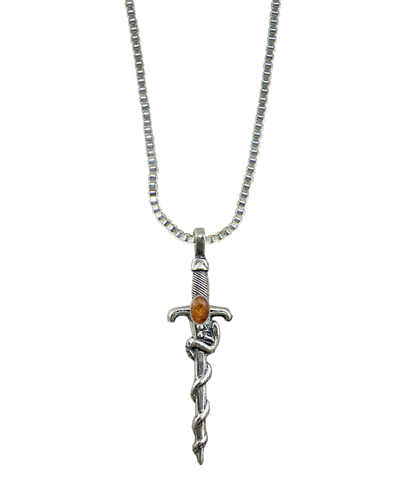 Sterling Silver Snake Sword Pendant With Amber